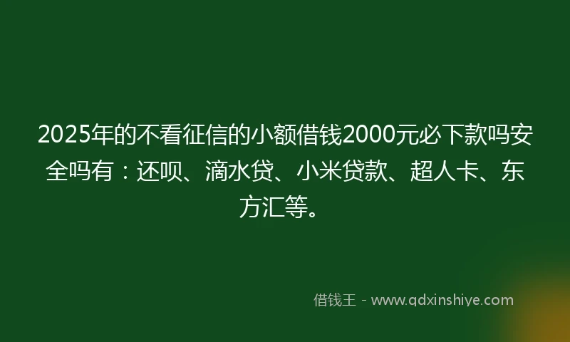 2025年的不看征信的小额借钱2000元必下款吗安全吗有：还呗、滴水贷、小米贷款、超人卡、东方汇等。