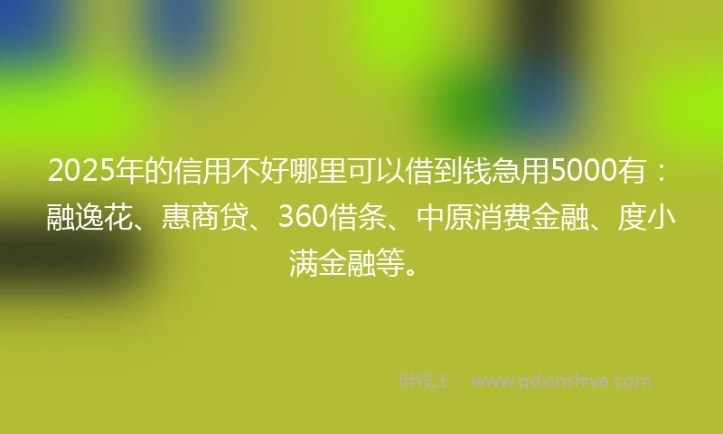 2025年的信用不好哪里可以借到钱急用5000有：融逸花、惠商贷、360借条、中原消费金融、度小满金融等。