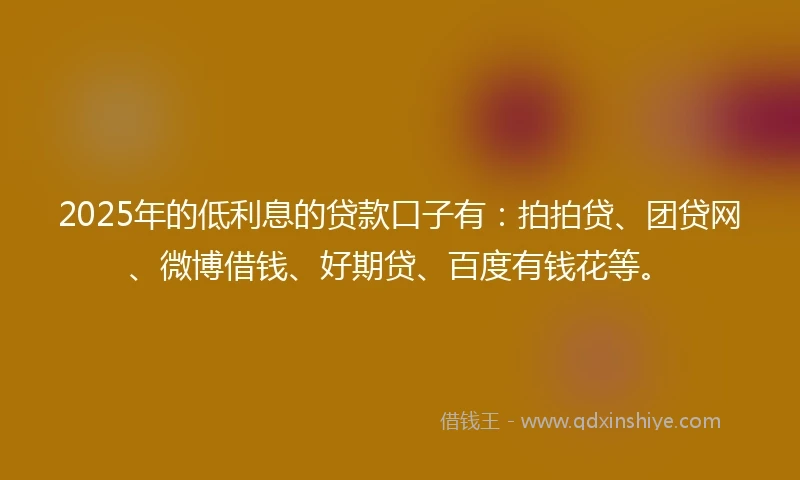 2025年的低利息的贷款口子有：拍拍贷、团贷网、微博借钱、好期贷、百度有钱花等。