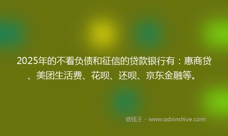 2025年的不看负债和征信的贷款银行有：惠商贷、美团生活费、花呗、还呗、京东金融等。