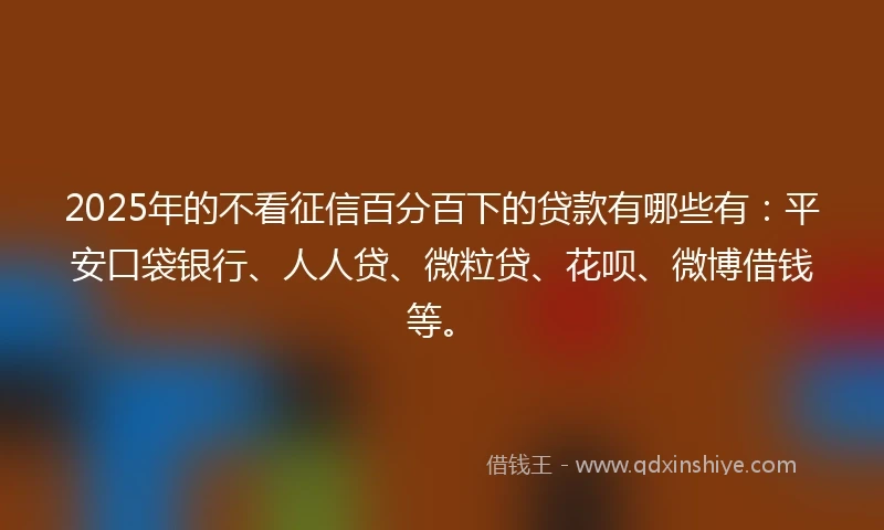 2025年的不看征信百分百下的贷款有哪些有：平安口袋银行、人人贷、微粒贷、花呗、微博借钱等。