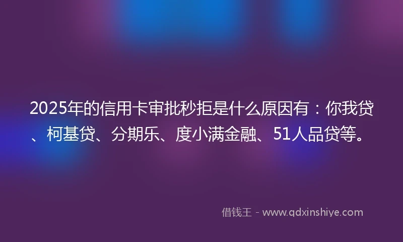 2025年的信用卡审批秒拒是什么原因有：你我贷、柯基贷、分期乐、度小满金融、51人品贷等。
