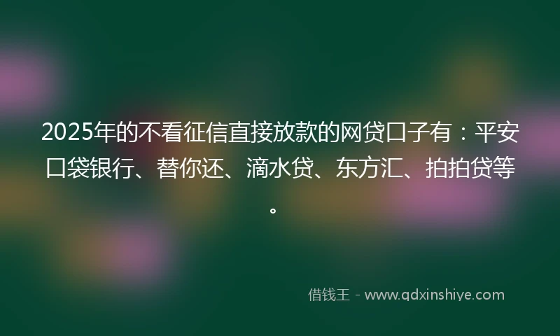 2025年的不看征信直接放款的网贷口子有：平安口袋银行、替你还、滴水贷、东方汇、拍拍贷等。