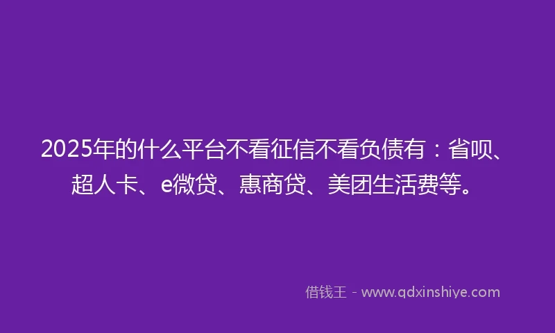 2025年的什么平台不看征信不看负债有：省呗、超人卡、e微贷、惠商贷、美团生活费等。