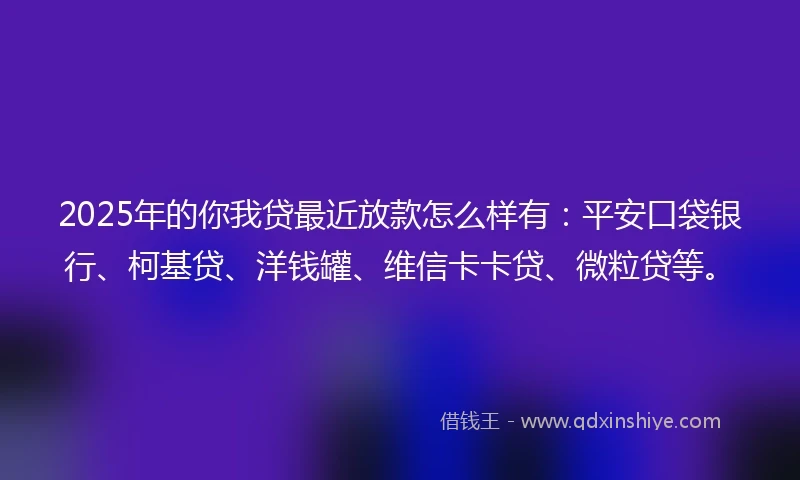 2025年的你我贷最近放款怎么样有：平安口袋银行、柯基贷、洋钱罐、维信卡卡贷、微粒贷等。
