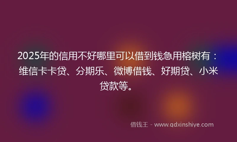 2025年的信用不好哪里可以借到钱急用榕树有：维信卡卡贷、分期乐、微博借钱、好期贷、小米贷款等。