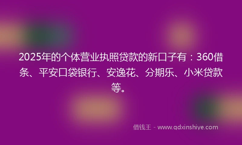 2025年的个体营业执照贷款的新口子有：360借条、平安口袋银行、安逸花、分期乐、小米贷款等。