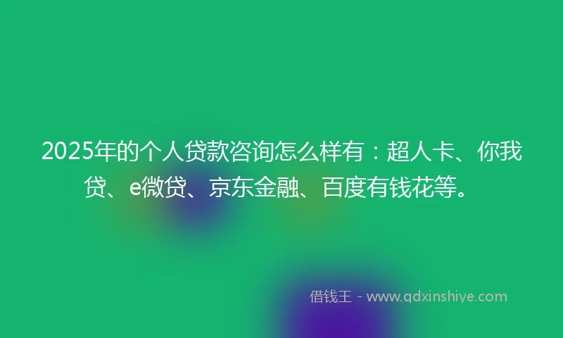 2025年的个人贷款咨询怎么样有：超人卡、你我贷、e微贷、京东金融、百度有钱花等。