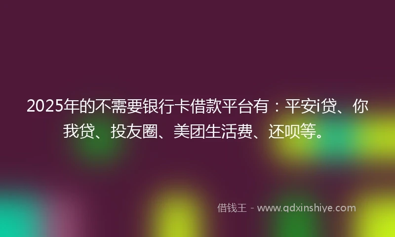 2025年的不需要银行卡借款平台有：平安i贷、你我贷、投友圈、美团生活费、还呗等。
