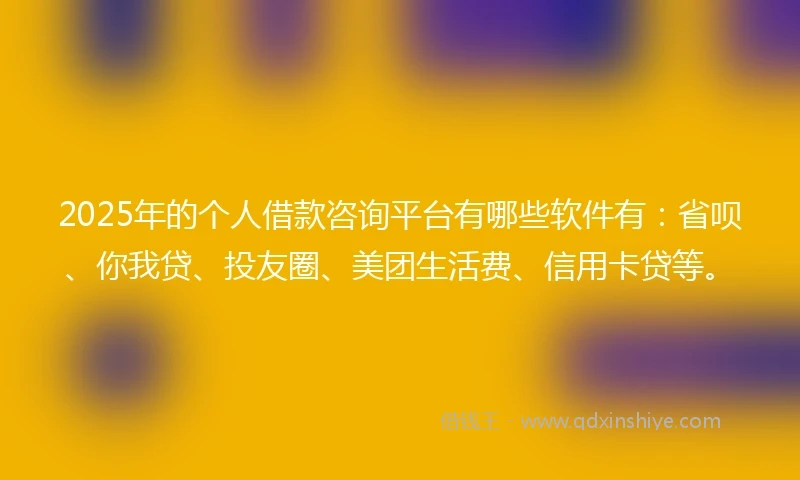 2025年的个人借款咨询平台有哪些软件有：省呗、你我贷、投友圈、美团生活费、信用卡贷等。