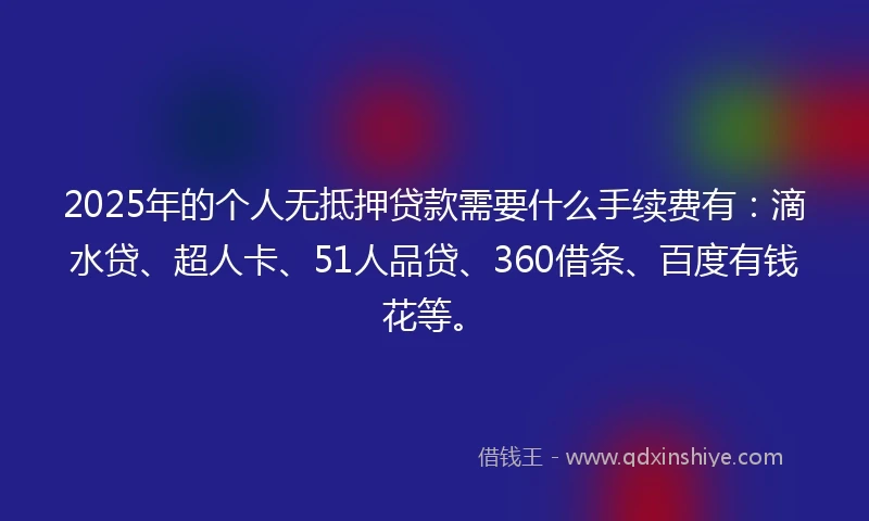 2025年的个人无抵押贷款需要什么手续费有：滴水贷、超人卡、51人品贷、360借条、百度有钱花等。