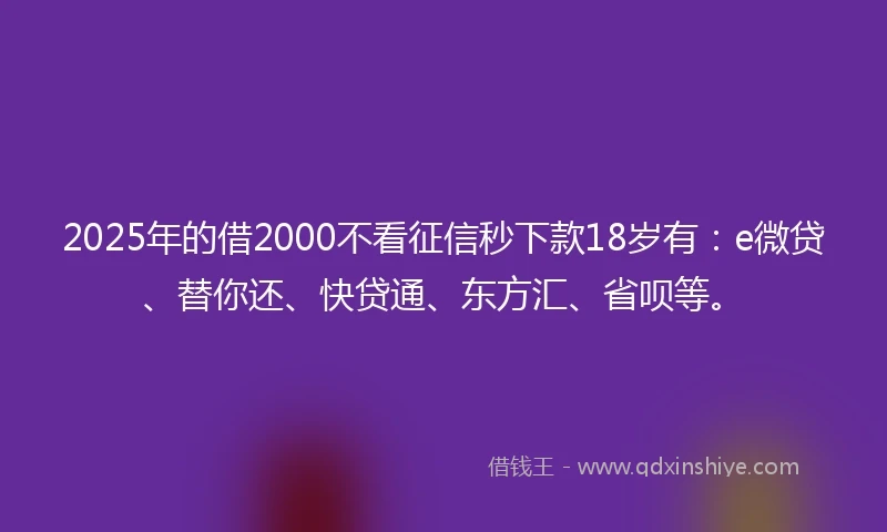 2025年的借2000不看征信秒下款18岁有：e微贷、替你还、快贷通、东方汇、省呗等。