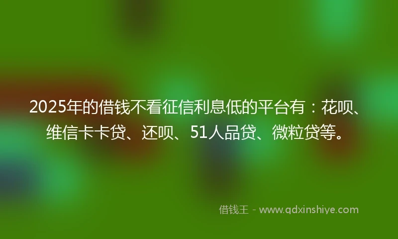 2025年的借钱不看征信利息低的平台有：花呗、维信卡卡贷、还呗、51人品贷、微粒贷等。
