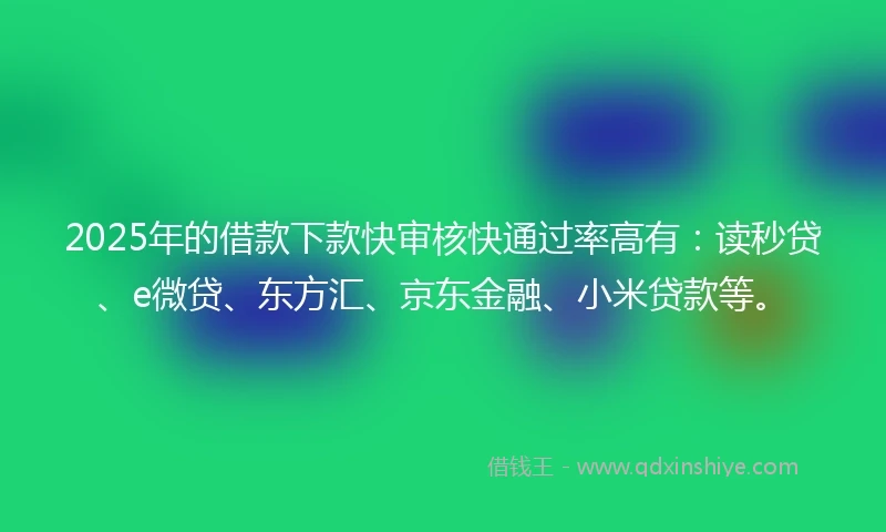 2025年的借款下款快审核快通过率高有：读秒贷、e微贷、东方汇、京东金融、小米贷款等。