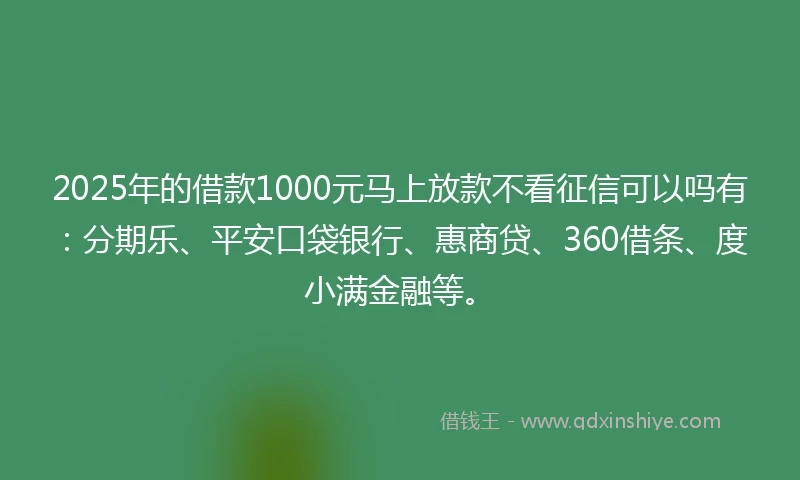 2025年的借款1000元马上放款不看征信可以吗有：分期乐、平安口袋银行、惠商贷、360借条、度小满金融等。