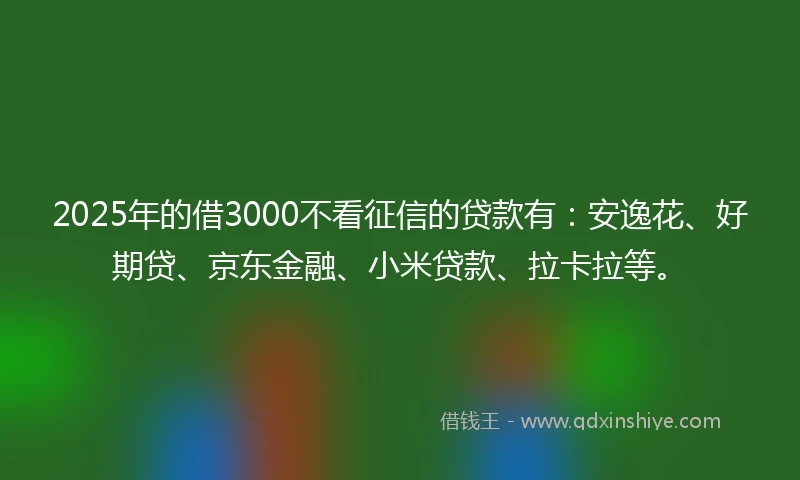 2025年的借3000不看征信的贷款有：安逸花、好期贷、京东金融、小米贷款、拉卡拉等。