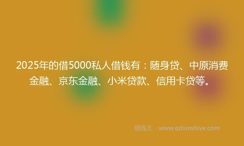 2025年的借5000私人借钱有：随身贷、中原消费金融、京东金融、小米贷款、信用卡贷等。
