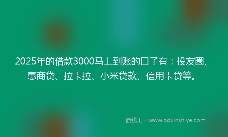 2025年的借款3000马上到账的口子有：投友圈、惠商贷、拉卡拉、小米贷款、信用卡贷等。