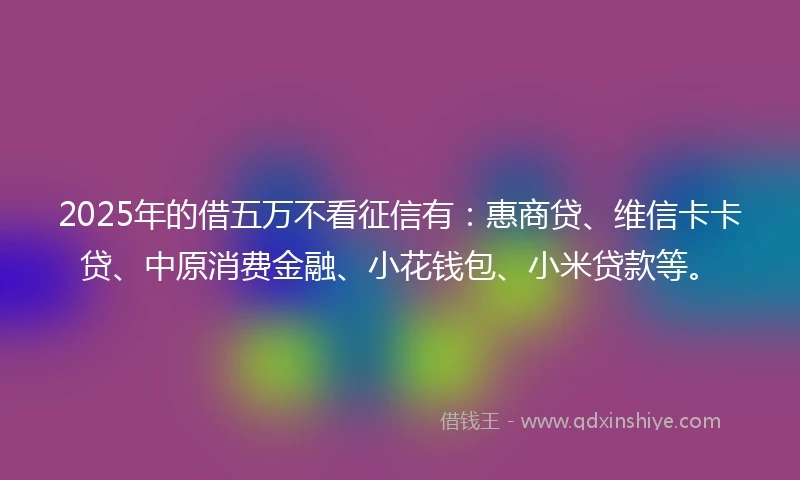 2025年的借五万不看征信有：惠商贷、维信卡卡贷、中原消费金融、小花钱包、小米贷款等。