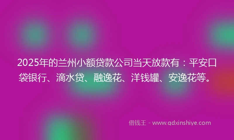 2025年的兰州小额贷款公司当天放款有：平安口袋银行、滴水贷、融逸花、洋钱罐、安逸花等。