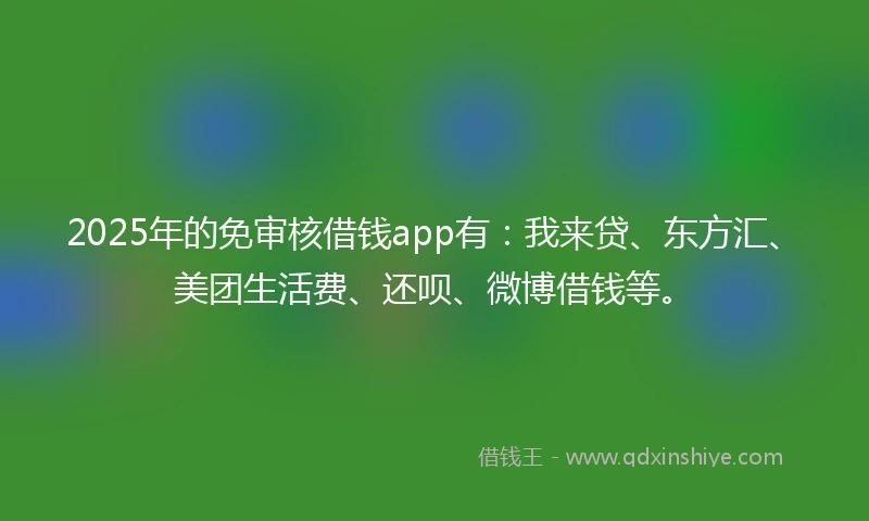 2025年的免审核借钱app有：我来贷、东方汇、美团生活费、还呗、微博借钱等。