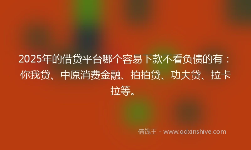 2025年的借贷平台哪个容易下款不看负债的有：你我贷、中原消费金融、拍拍贷、功夫贷、拉卡拉等。