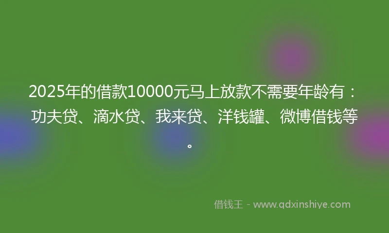 2025年的借款10000元马上放款不需要年龄有：功夫贷、滴水贷、我来贷、洋钱罐、微博借钱等。