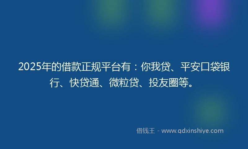 2025年的借款正规平台有：你我贷、平安口袋银行、快贷通、微粒贷、投友圈等。