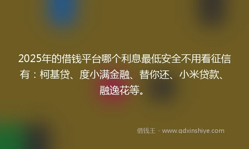 2025年的借钱平台哪个利息最低安全不用看征信有：柯基贷、度小满金融、替你还、小米贷款、融逸花等。