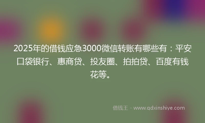 2025年的借钱应急3000微信转账有哪些有：平安口袋银行、惠商贷、投友圈、拍拍贷、百度有钱花等。