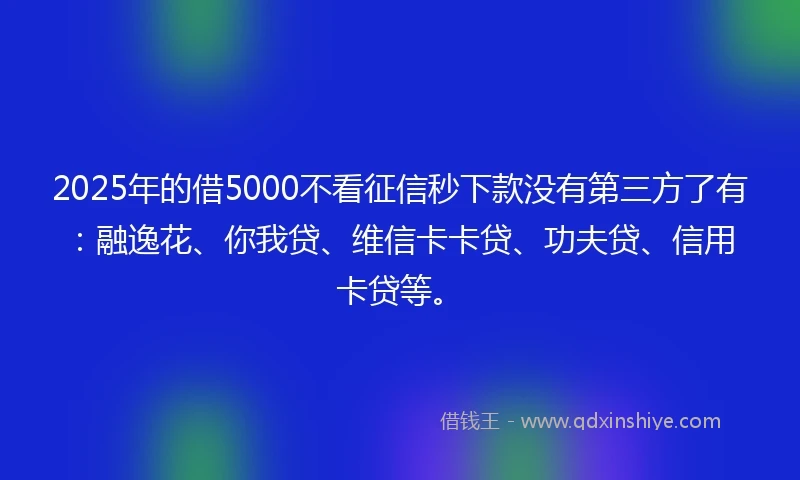 2025年的借5000不看征信秒下款没有第三方了有：融逸花、你我贷、维信卡卡贷、功夫贷、信用卡贷等。