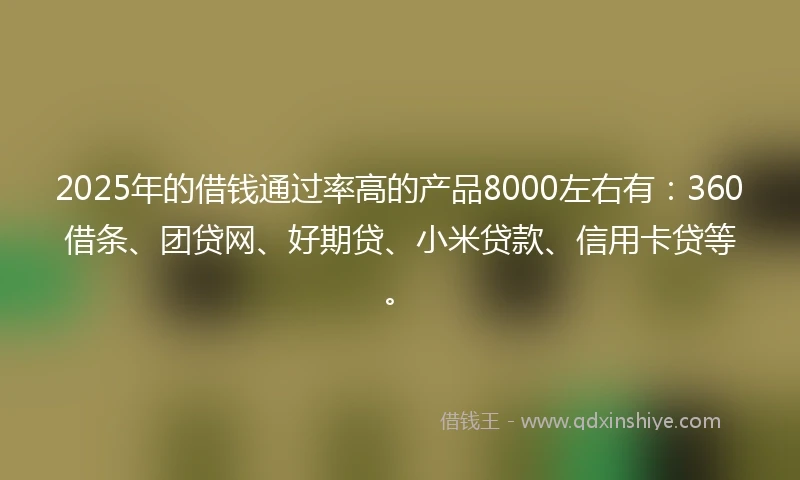 2025年的借钱通过率高的产品8000左右有：360借条、团贷网、好期贷、小米贷款、信用卡贷等。