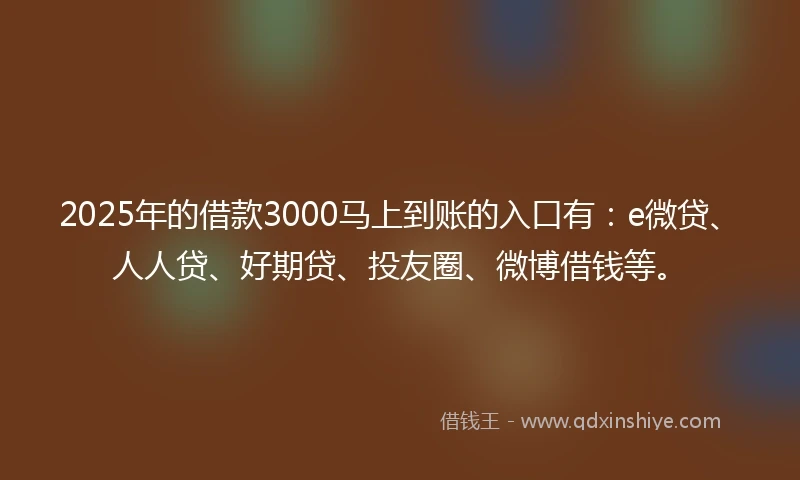 2025年的借款3000马上到账的入口有：e微贷、人人贷、好期贷、投友圈、微博借钱等。