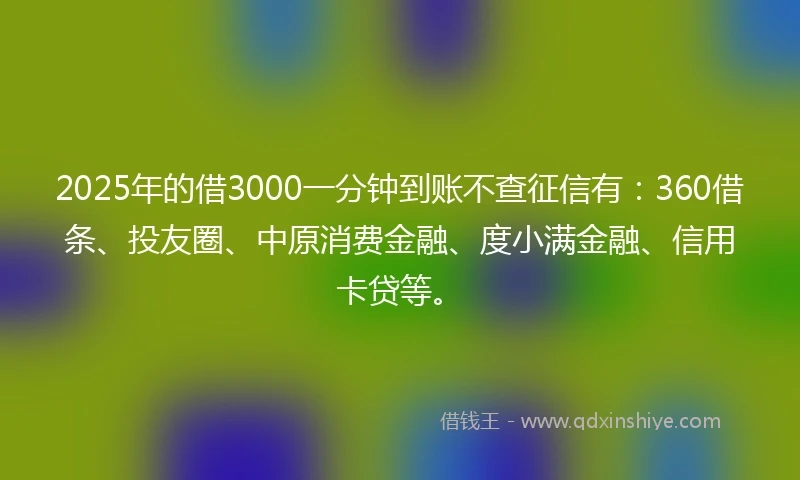 2025年的借3000一分钟到账不查征信有：360借条、投友圈、中原消费金融、度小满金融、信用卡贷等。