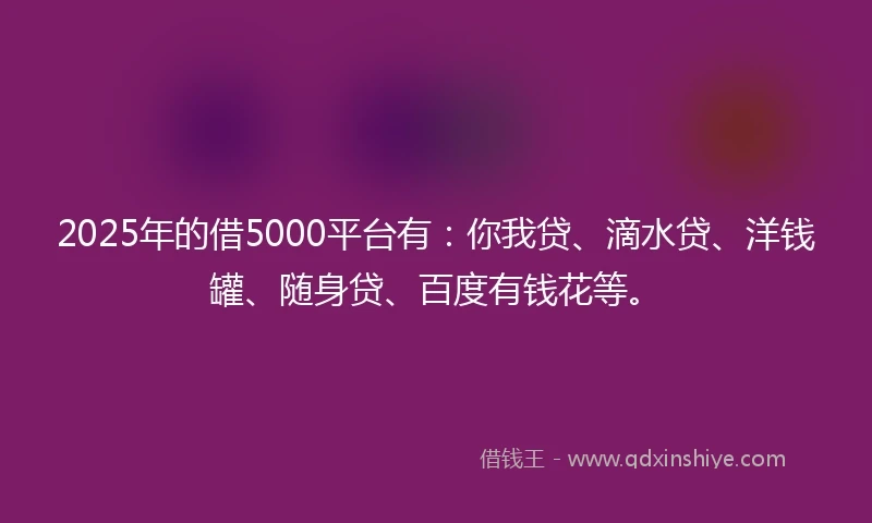 2025年的借5000平台有：你我贷、滴水贷、洋钱罐、随身贷、百度有钱花等。