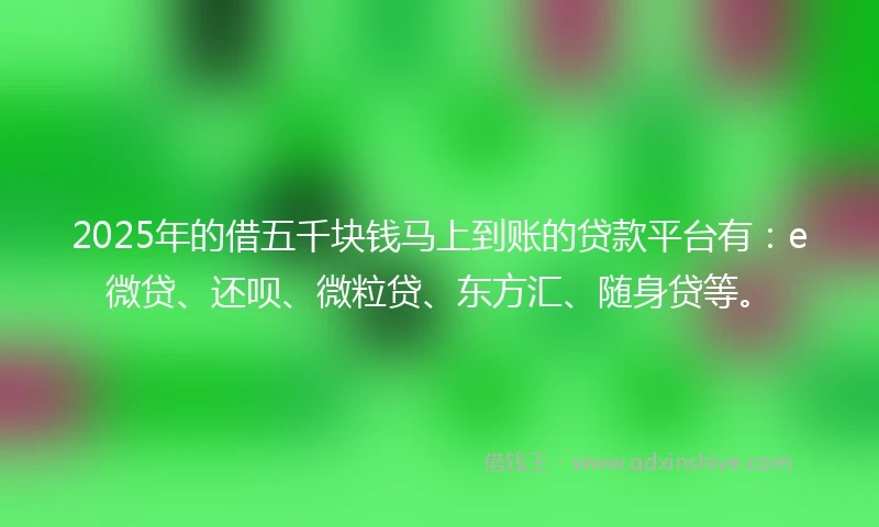 2025年的借五千块钱马上到账的贷款平台有：e微贷、还呗、微粒贷、东方汇、随身贷等。