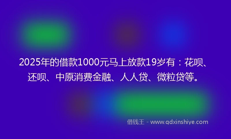 2025年的借款1000元马上放款19岁有：花呗、还呗、中原消费金融、人人贷、微粒贷等。