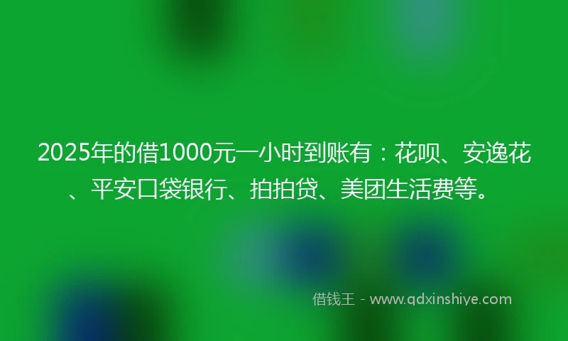 2025年的借1000元一小时到账有：花呗、安逸花、平安口袋银行、拍拍贷、美团生活费等。