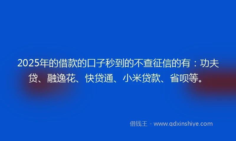 2025年的借款的口子秒到的不查征信的有：功夫贷、融逸花、快贷通、小米贷款、省呗等。