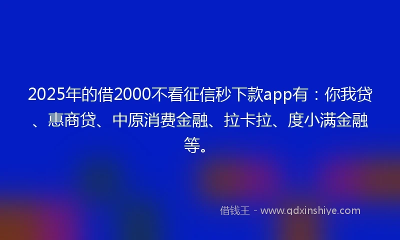2025年的借2000不看征信秒下款app有：你我贷、惠商贷、中原消费金融、拉卡拉、度小满金融等。