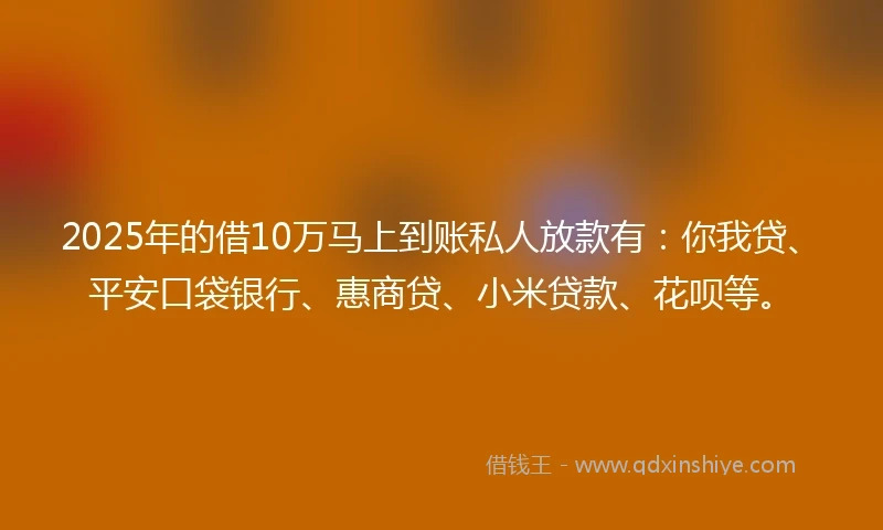 2025年的借10万马上到账私人放款有：你我贷、平安口袋银行、惠商贷、小米贷款、花呗等。