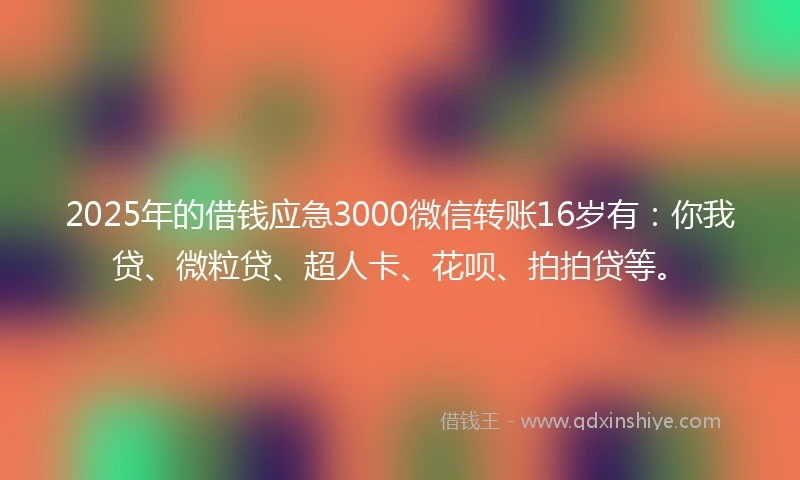 2025年的借钱应急3000微信转账16岁有:你我贷、微粒贷、超人卡、花呗、拍拍贷等。