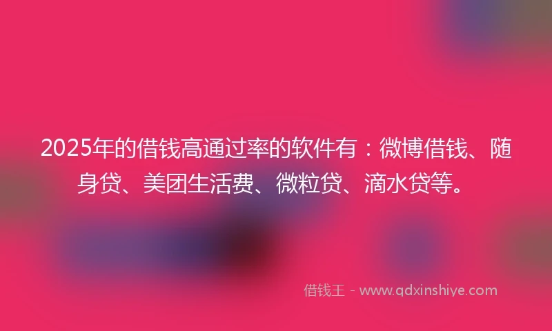 2025年的借钱高通过率的软件有：微博借钱、随身贷、美团生活费、微粒贷、滴水贷等。