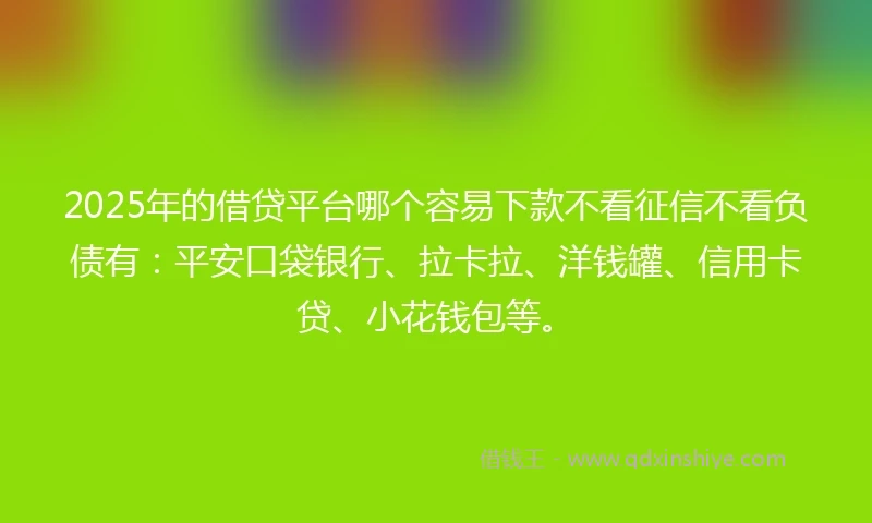 2025年的借贷平台哪个容易下款不看征信不看负债有：平安口袋银行、拉卡拉、洋钱罐、信用卡贷、小花钱包等。
