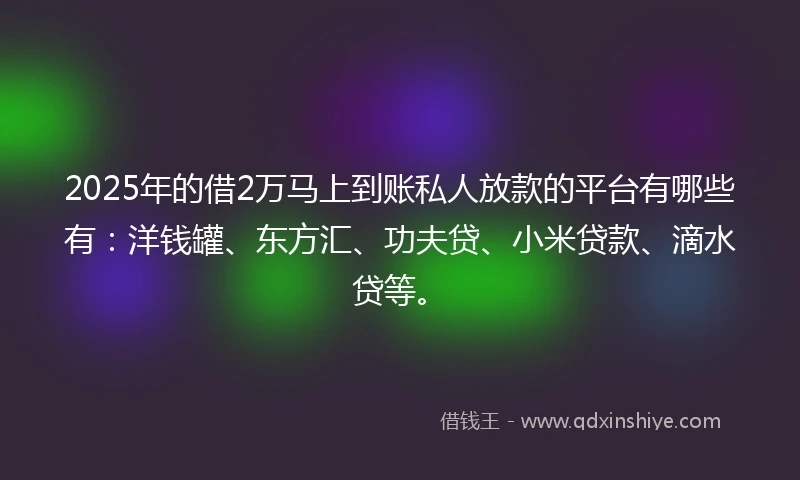 2025年的借2万马上到账私人放款的平台有哪些有：洋钱罐、东方汇、功夫贷、小米贷款、滴水贷等。