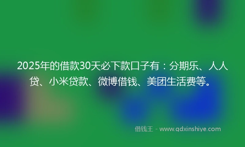2025年的借款30天必下款口子有：分期乐、人人贷、小米贷款、微博借钱、美团生活费等。