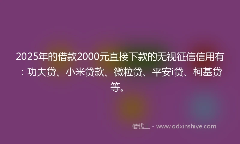 2025年的借款2000元直接下款的无视征信信用有：功夫贷、小米贷款、微粒贷、平安i贷、柯基贷等。