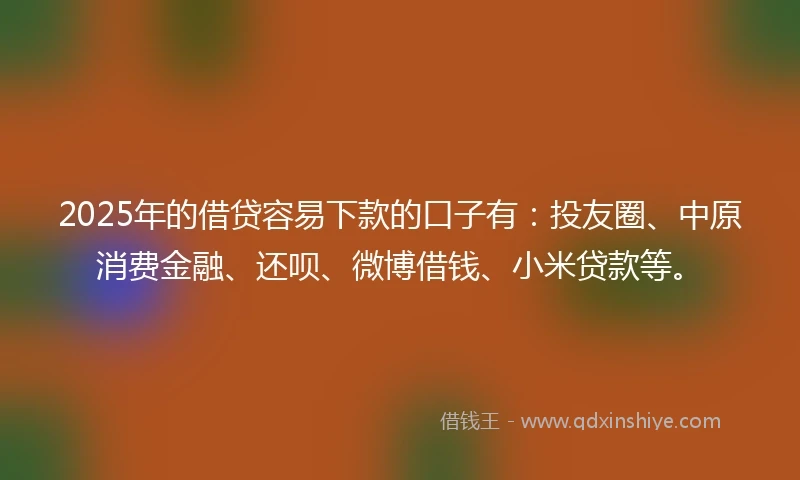2025年的借贷容易下款的口子有：投友圈、中原消费金融、还呗、微博借钱、小米贷款等。