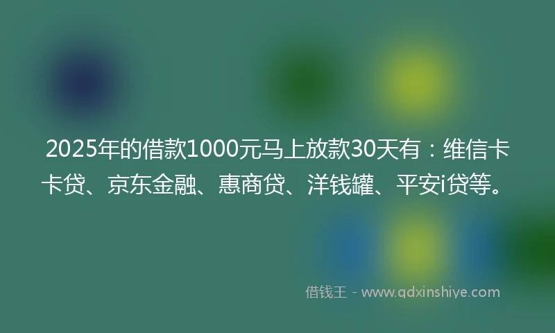 2025年的借款1000元马上放款30天有：维信卡卡贷、京东金融、惠商贷、洋钱罐、平安i贷等。