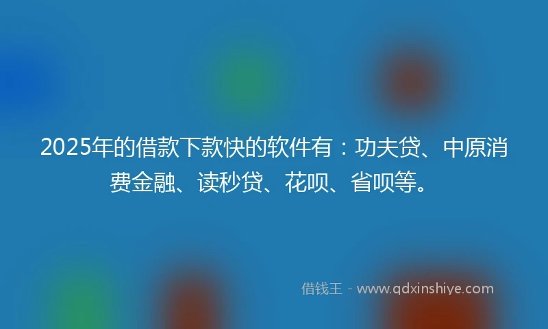 2025年的借款下款快的软件有：功夫贷、中原消费金融、读秒贷、花呗、省呗等。